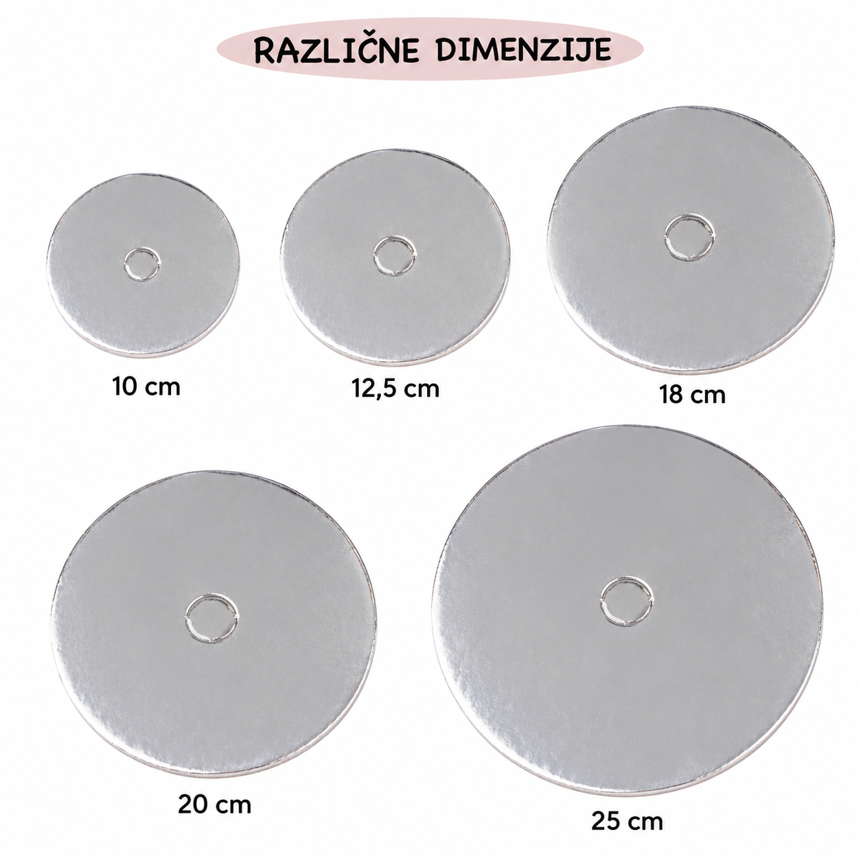 Srebrn podstavek za torto z luknjo 10 kom – različne dimenzije